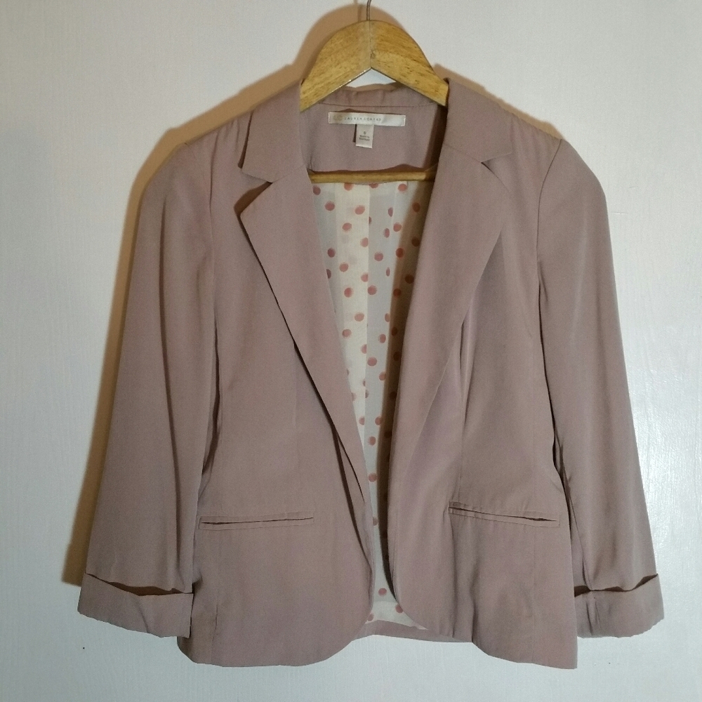LC Lauren Conrad soft matte pale pink open blazer jacket with rolled 3/4 sleeves